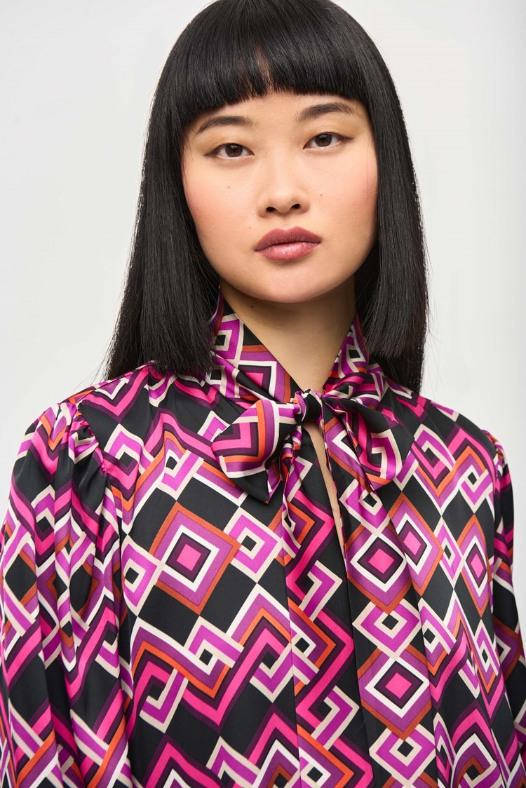 Joseph Ribkoff Recycled Woven Geometric Print Straight Blouse Vanilla/Blue 262154-4473