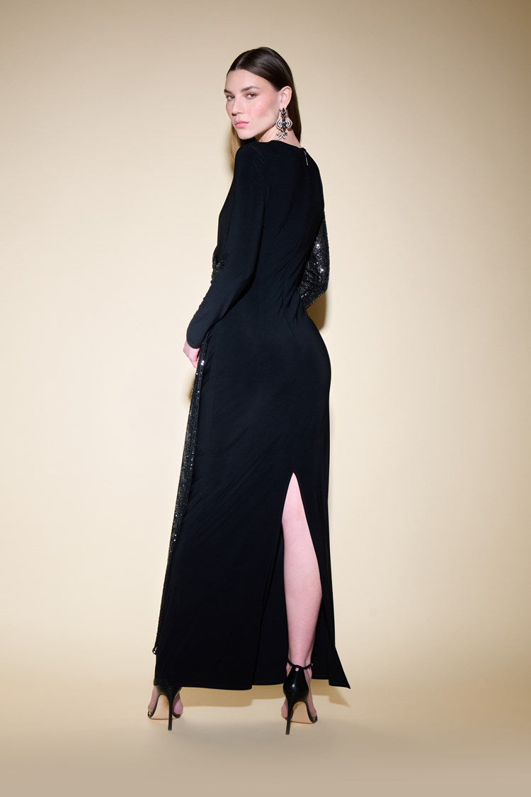 joseph ribkoff long black dress Joseph Ribkoff Black Ruched V-Neck High Slit Long Dress 244132 AfterRetail