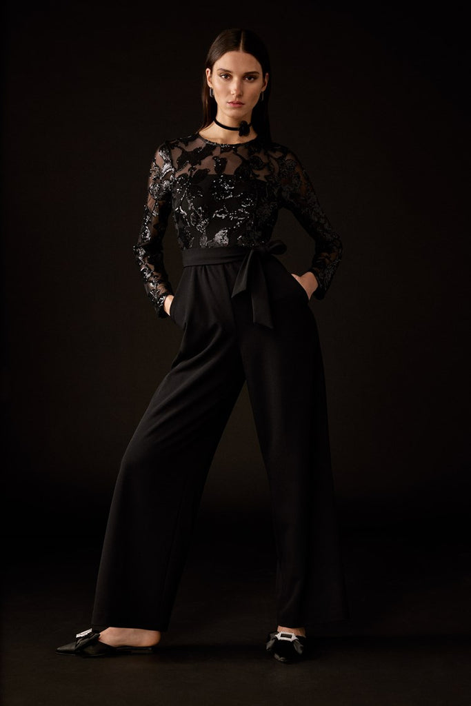 JOSEPH RIBKOFF SCUBA CREPE & SEQUIN MESH JUMPSUIT – The Apple Tree