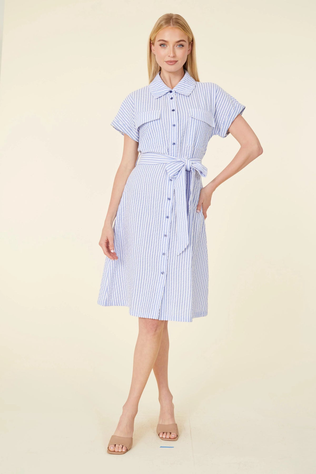 Striped Seer Sucker Belted Dress Blue/White / M Striped Seer Sucker Belted Dress Blue/White / M