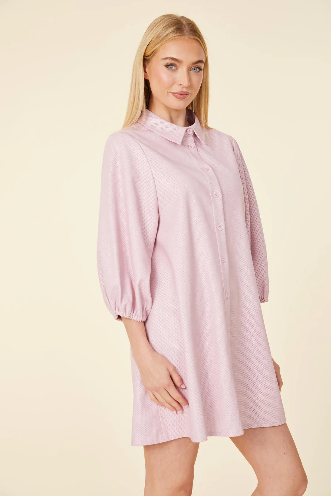 Perforated Vegan Leather Puff Sleeve/ Tunic Dress Orchid / XL Perforated Vegan Leather Puff Sleeve/ Tunic Dress Orchid / XL